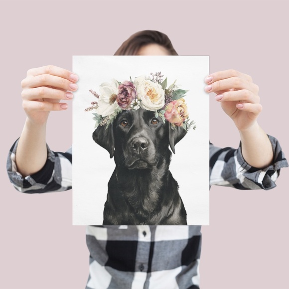 Watercolor Labrador Retriever with Flower Crown Portrait Wall Art Print Unframed - Picture 4 of 7